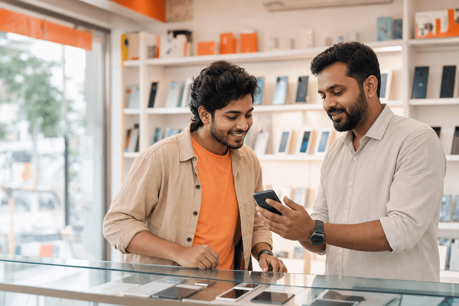 A local mobile shop owner helping a customer choose a phone